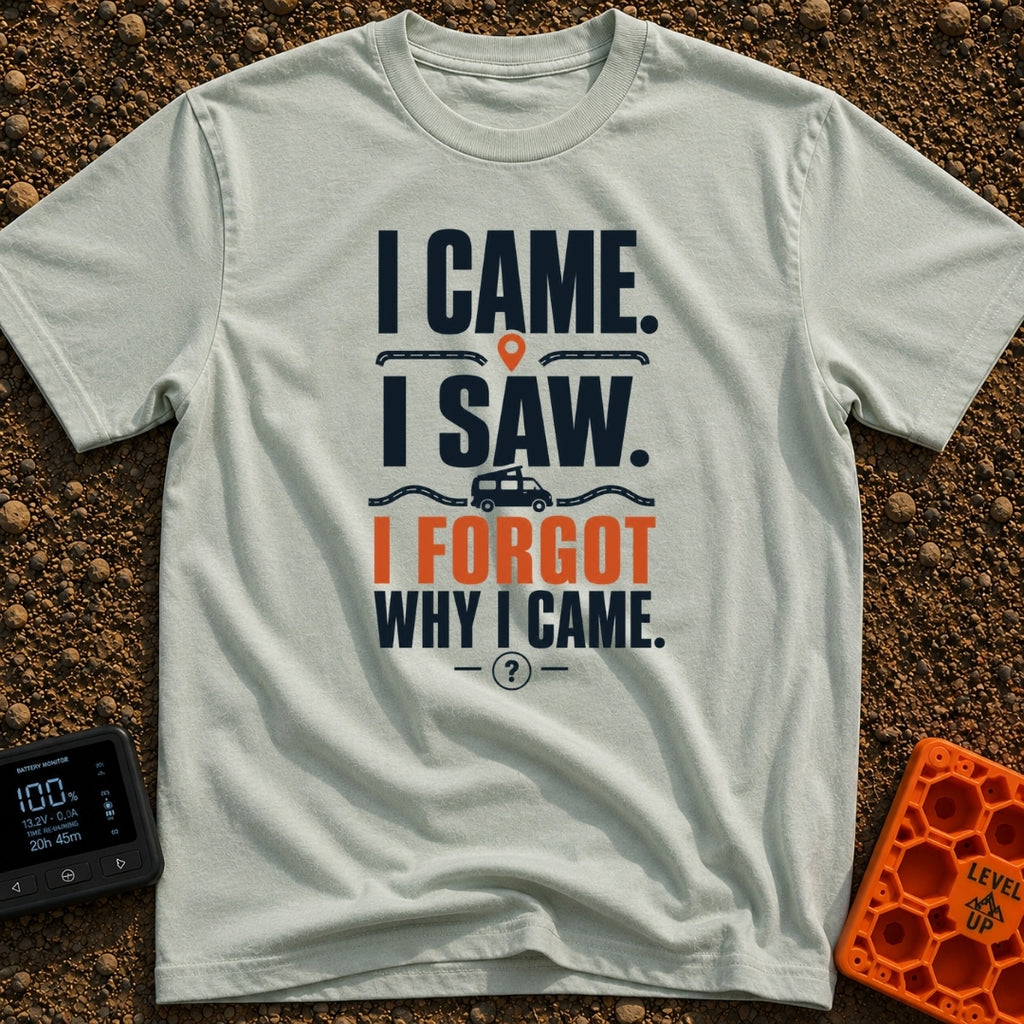 I Came I Forgot - T-Shirt in Bay - Typographic design featuring the stacked text "I CAME. I SAW. I FORGOT WHY I CAME."...