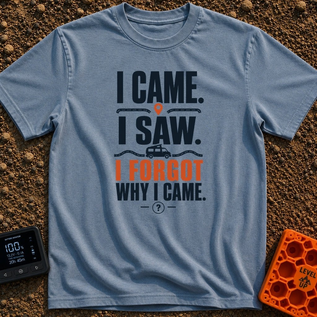 I Came I Forgot - T-Shirt in Blue Jean - Typographic design featuring the stacked text "I CAME. I SAW. I FORGOT WHY I...