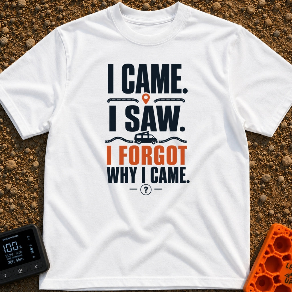I Came I Forgot - T-Shirt in White - Typographic design featuring the stacked text "I CAME. I SAW. I FORGOT WHY I CAME."...