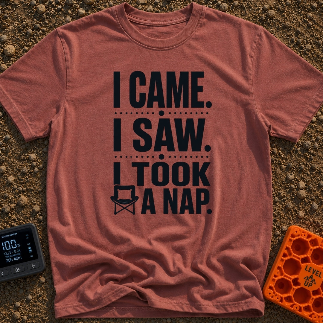 I Came I Napped - T-Shirt in Brick - A text-based design featuring the phrase "I CAME. I SAW. I TOOK A NAP." in bold,...