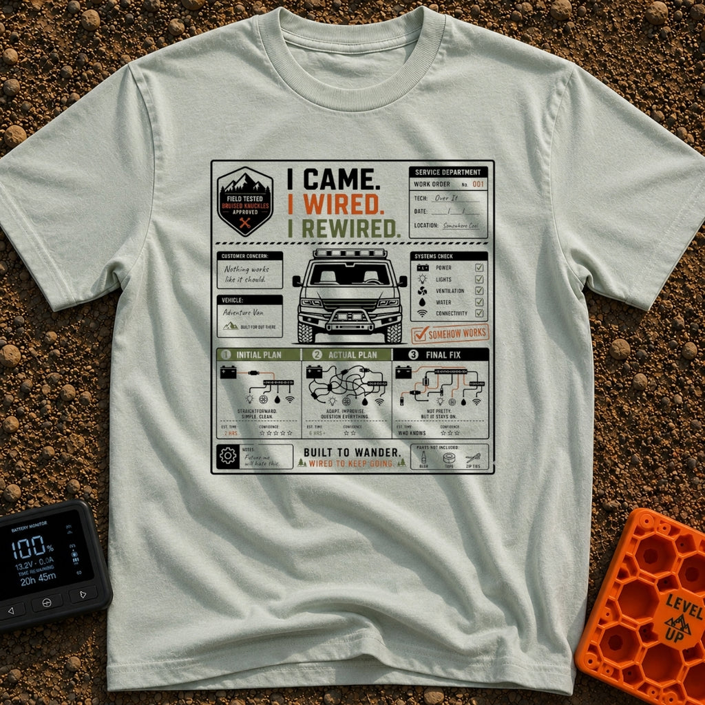 I Came I Rewired - T-Shirt in Bay - A graphic styled as a vehicle work order featuring a front-facing adventure van in...
