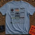 I Came I Rewired - T-Shirt in Blue Jean - A graphic styled as a vehicle work order featuring a front-facing adventure van...