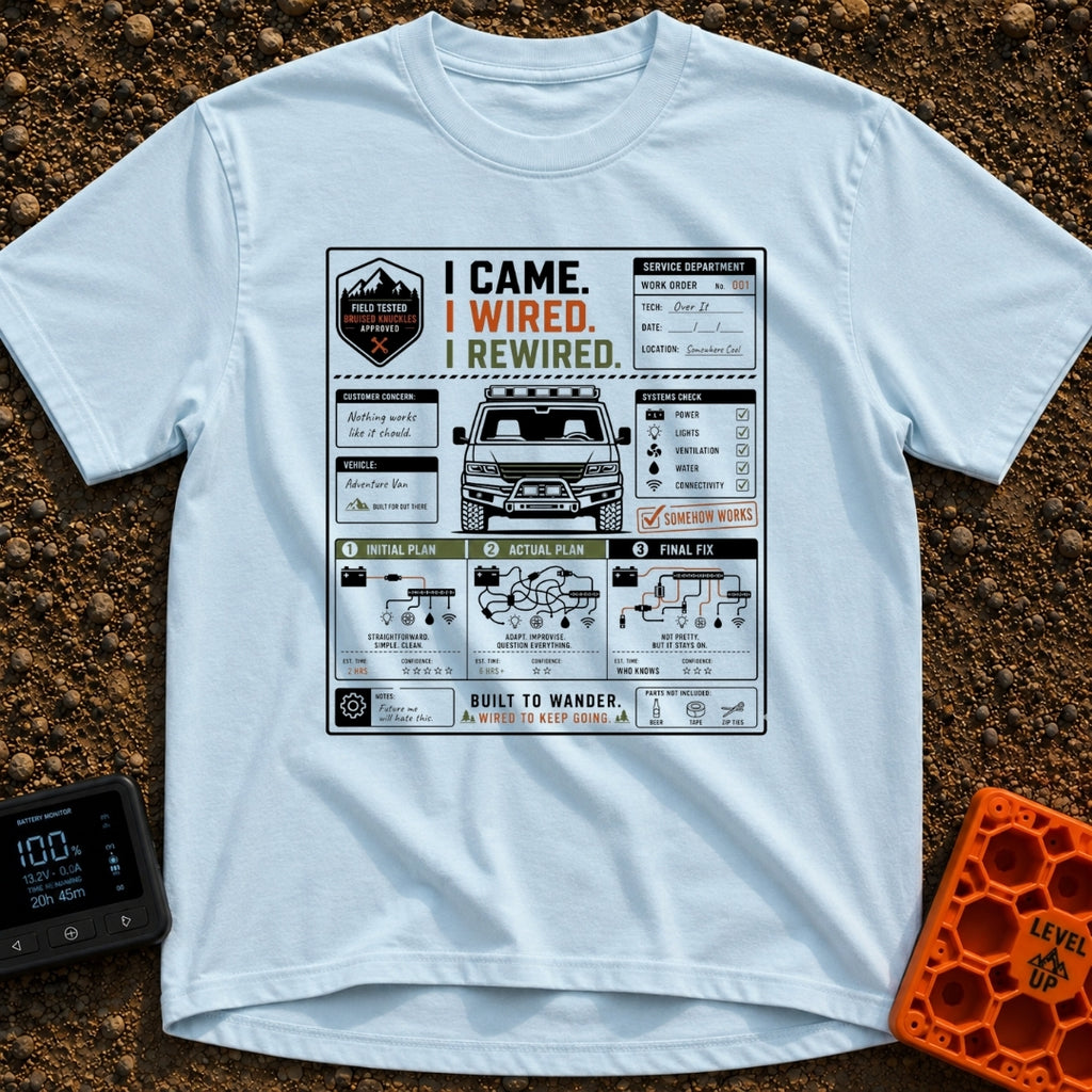 I Came I Rewired - T-Shirt in Chambray - A graphic styled as a vehicle work order featuring a front-facing adventure van...