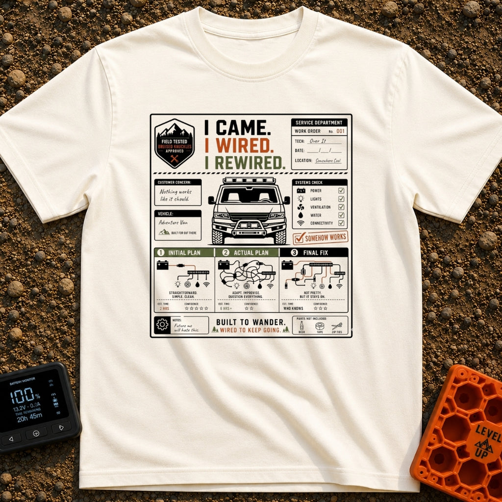 I Came I Rewired - T-Shirt in Ivory - A graphic styled as a vehicle work order featuring a front-facing adventure van in...