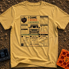 I Came I Rewired - T-Shirt in Mustard - A graphic styled as a vehicle work order featuring a front-facing adventure van...
