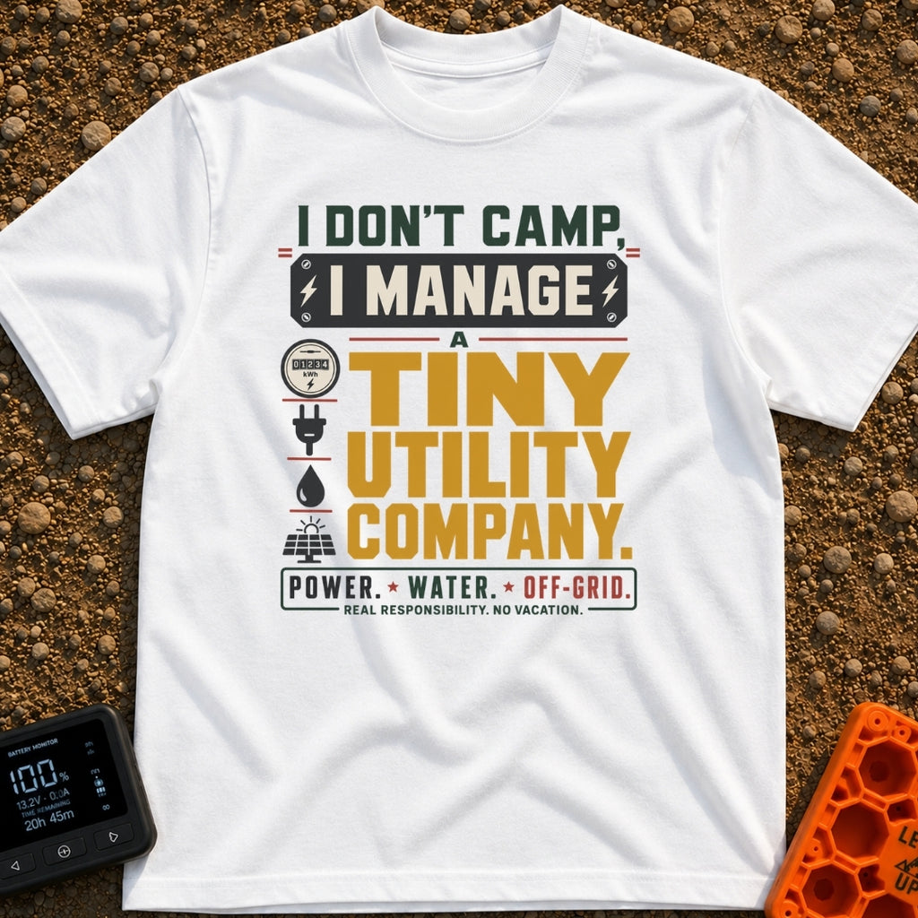 Tiny Utility Manager - T-Shirt in White - A typographic design featuring the text "I DON'T CAMP, I MANAGE A TINY UTILITY...
