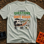 Questions For The Road - T-Shirt in Bay - A white camper van is parked next to a winding dirt road leading into...