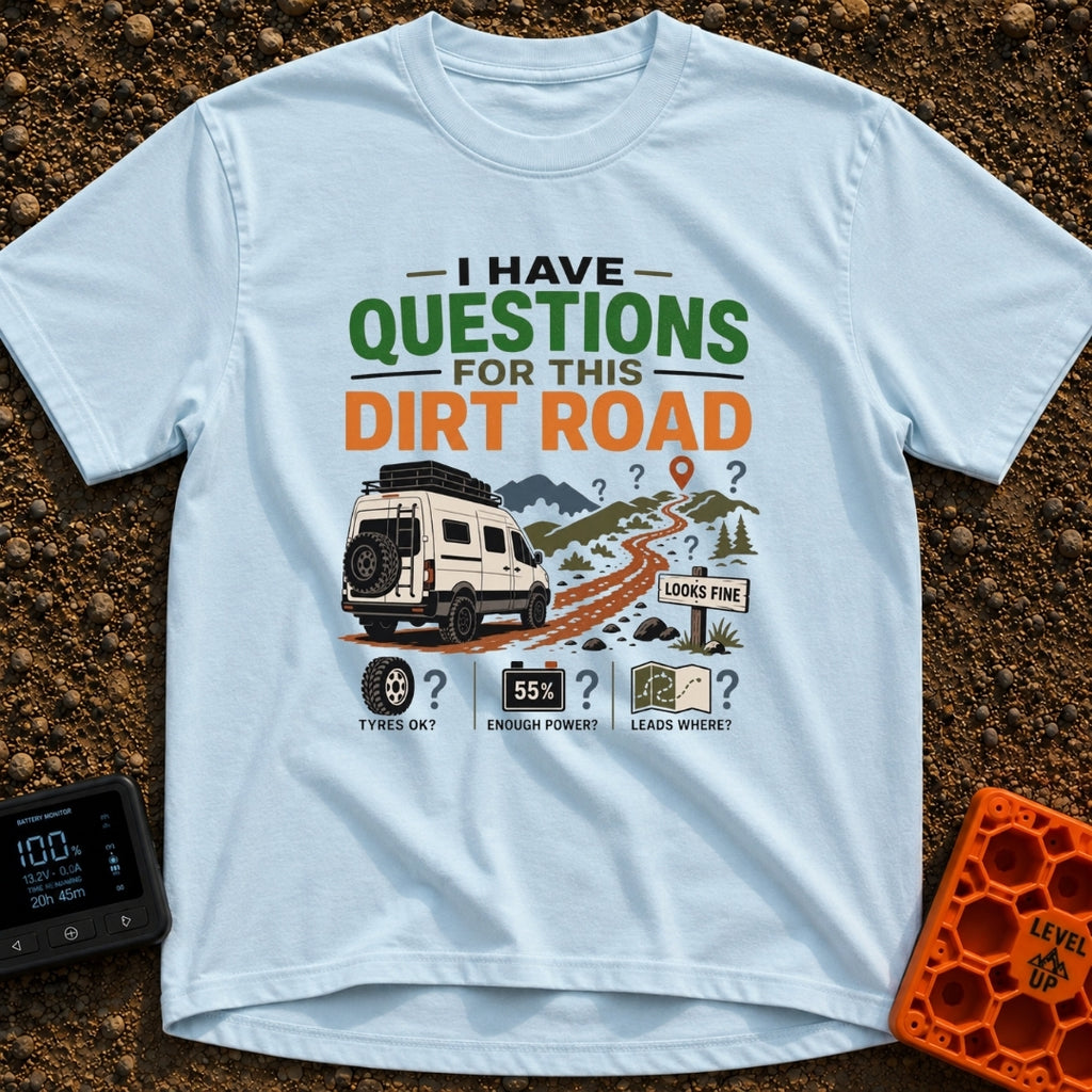 Questions For The Road - T-Shirt in Chambray - A white camper van is parked next to a winding dirt road leading into...