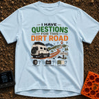 Questions For The Road - T-Shirt in Chambray - A white camper van is parked next to a winding dirt road leading into...
