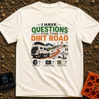 Questions For The Road - T-Shirt in Ivory - A white camper van is parked next to a winding dirt road leading into...