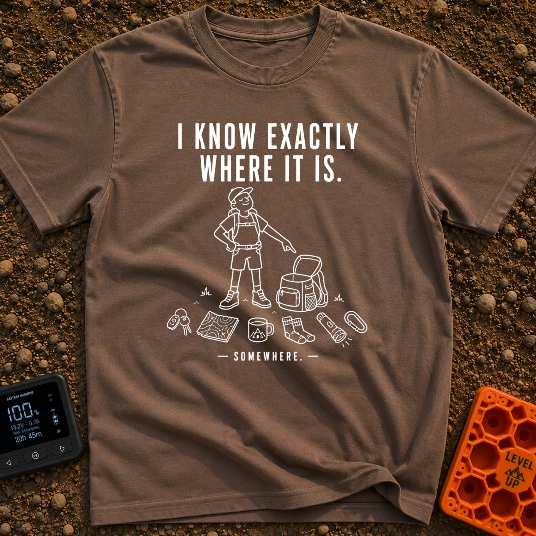 I Know It's Here - T-Shirt in Espresso - A white line drawing of a person in a cap and shorts pointing at an open...