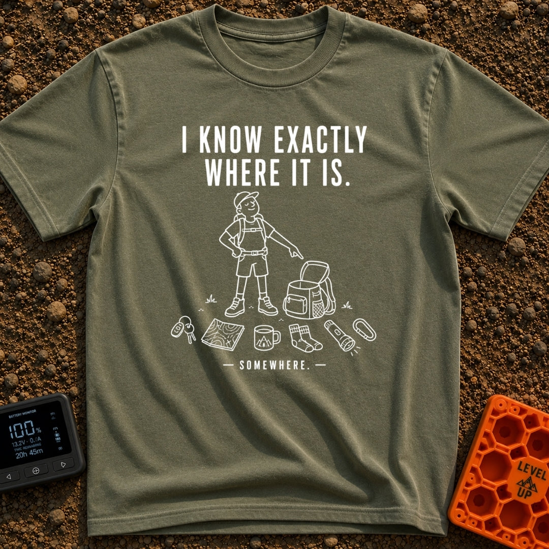 I Know It's Here - T-Shirt in Moss - A white line drawing of a person in a cap and shorts pointing at an open backpack,...