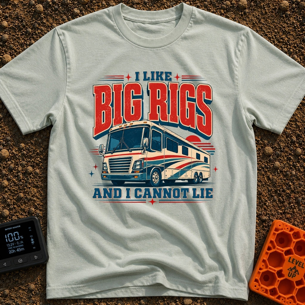 I Like Big Rigs - T-Shirt in Bay - A retro-style graphic illustration of a large Class A motorhome in red, white, and...