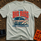 I Like Big Rigs - T-Shirt in Bay - A retro-style graphic illustration of a large Class A motorhome in red, white, and...