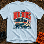 I Like Big Rigs - T-Shirt in Chambray - A retro-style graphic illustration of a large Class A motorhome in red, white,...