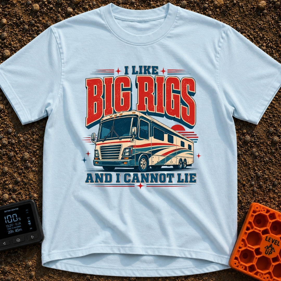 I Like Big Rigs - T-Shirt in Chambray - A retro-style graphic illustration of a large Class A motorhome in red, white,...