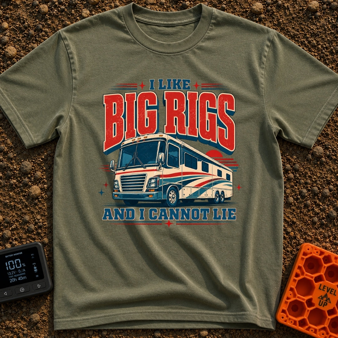 I Like Big Rigs - T-Shirt in Moss - A retro-style graphic illustration of a large Class A motorhome in red, white, and...