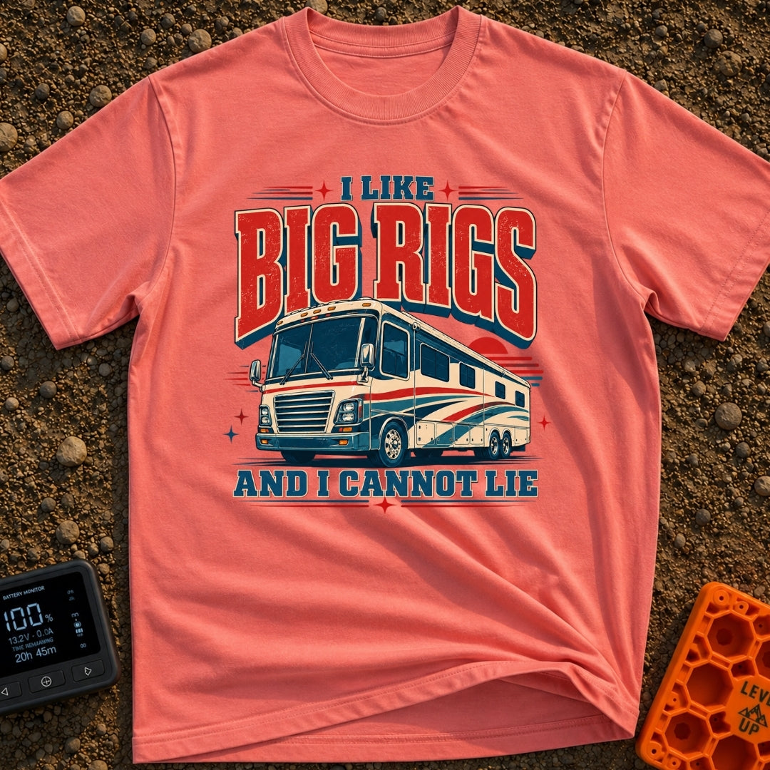 I Like Big Rigs - T-Shirt in Watermelon - A retro-style graphic illustration of a large Class A motorhome in red, white,...