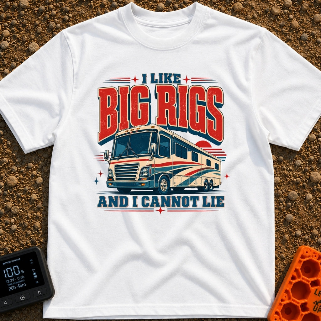 I Like Big Rigs - T-Shirt in White - A retro-style graphic illustration of a large Class A motorhome in red, white, and...