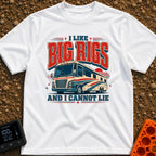 I Like Big Rigs - T-Shirt in White - A retro-style graphic illustration of a large Class A motorhome in red, white, and...
