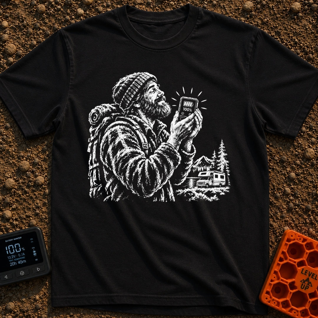 Love You A Watt - T-Shirt in Black - A black and white illustration of a bearded man wearing a beanie and backpack,...