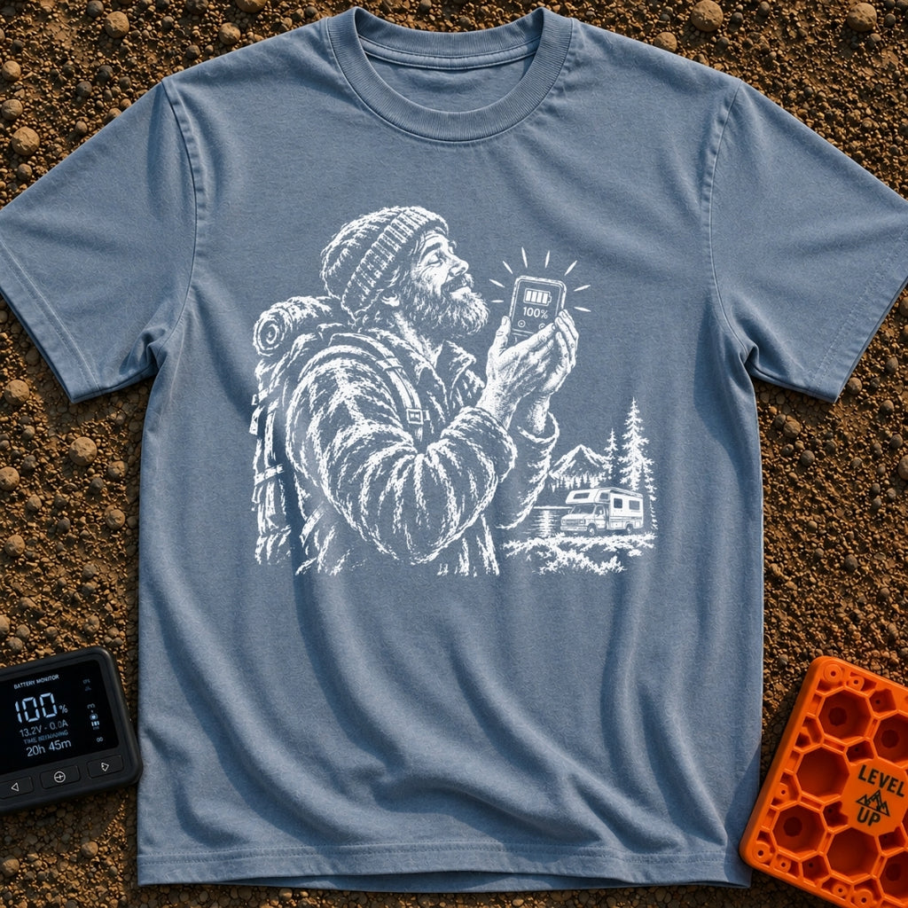 Love You A Watt - T-Shirt in Blue Jean - A black and white illustration of a bearded man wearing a beanie and backpack,...