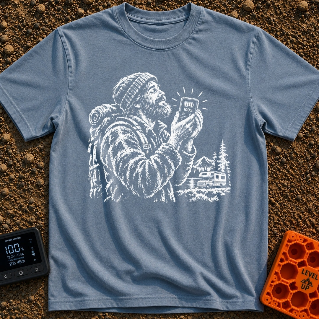 Love You A Watt - T-Shirt in Blue Jean - A black and white illustration of a bearded man wearing a beanie and backpack,...