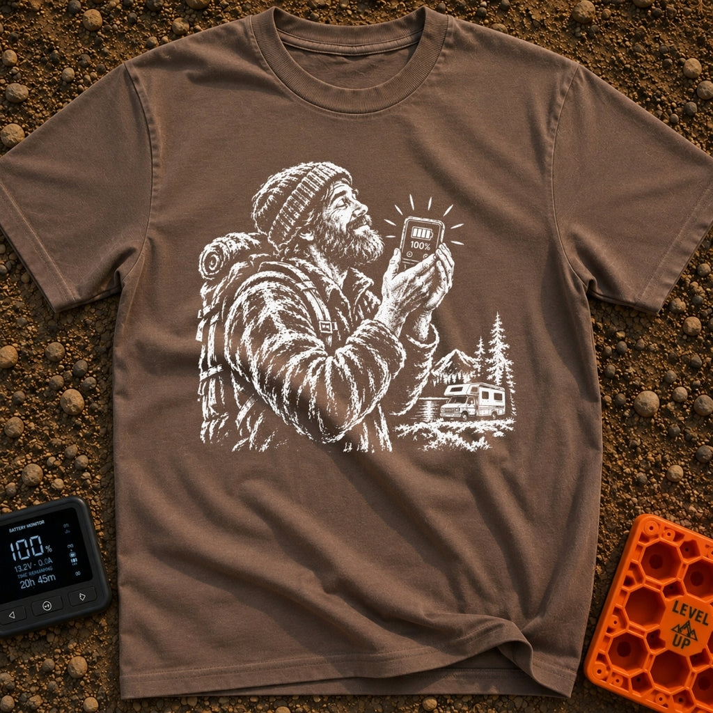 Love You A Watt - T-Shirt in Espresso - A black and white illustration of a bearded man wearing a beanie and backpack,...