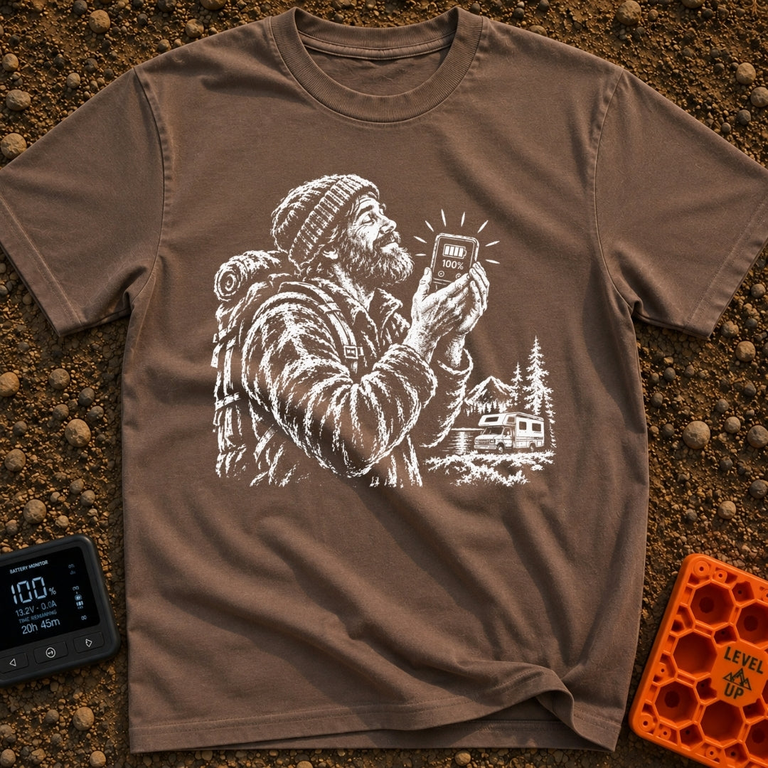Love You A Watt - T-Shirt in Espresso - A black and white illustration of a bearded man wearing a beanie and backpack,...