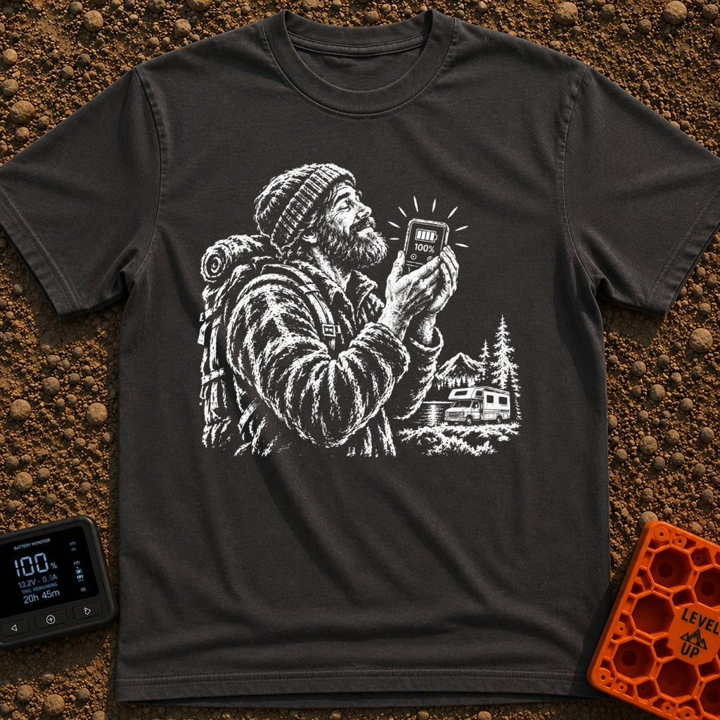 Love You A Watt - T-Shirt in Graphite - A black and white illustration of a bearded man wearing a beanie and backpack,...