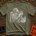 Love You A Watt - T-Shirt in Moss - A black and white illustration of a bearded man wearing a beanie and backpack,...
