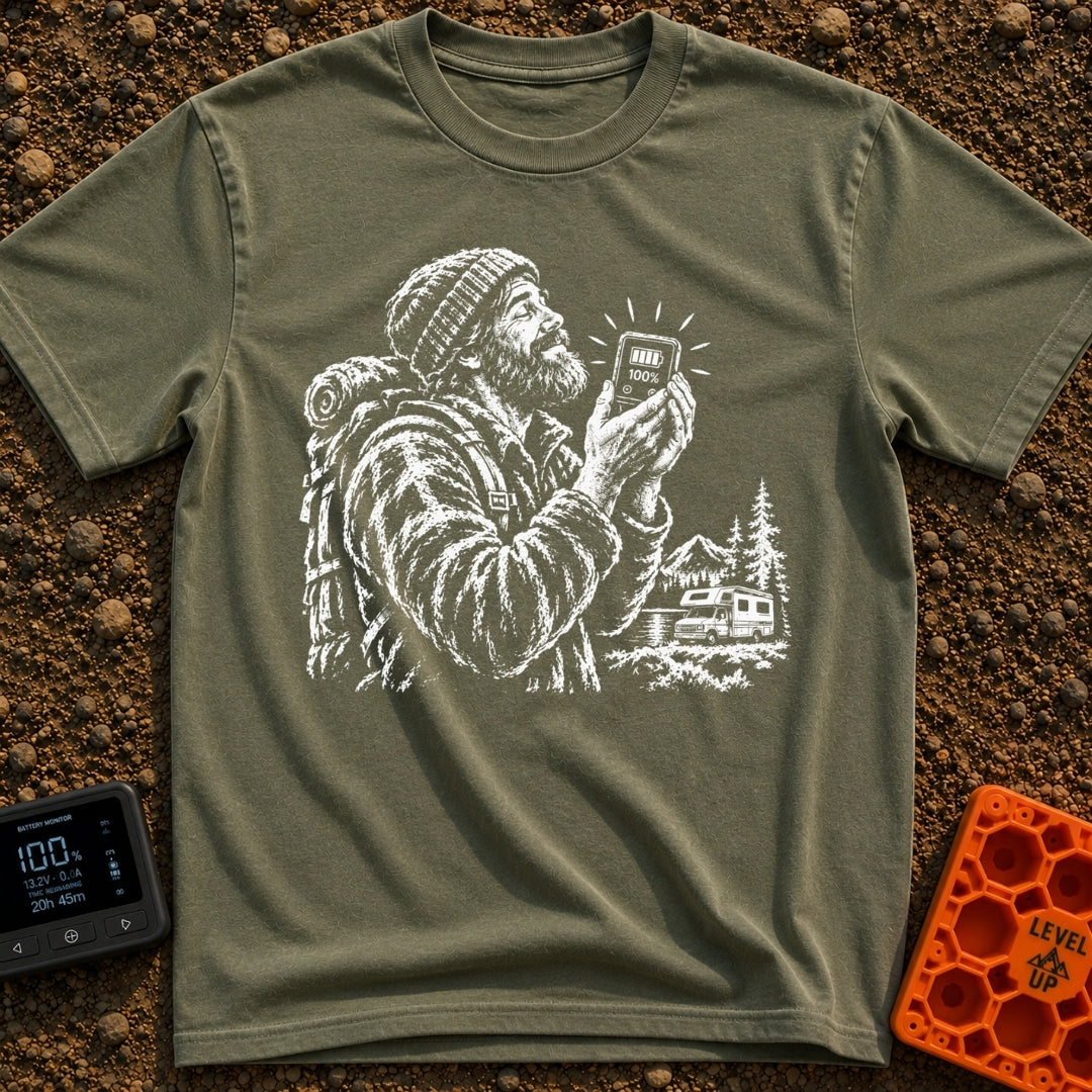 Love You A Watt - T-Shirt in Moss - A black and white illustration of a bearded man wearing a beanie and backpack,...