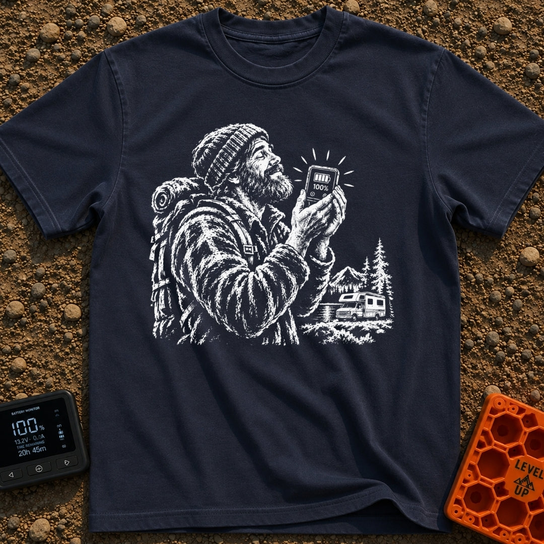 Love You A Watt - T-Shirt in Navy - A black and white illustration of a bearded man wearing a beanie and backpack,...