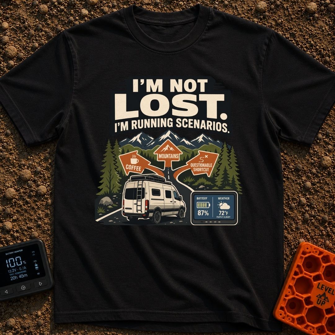I Am Running Scenarios - T-Shirt in Black - A white camper van drives toward three directional signs reading 'Coffee',...