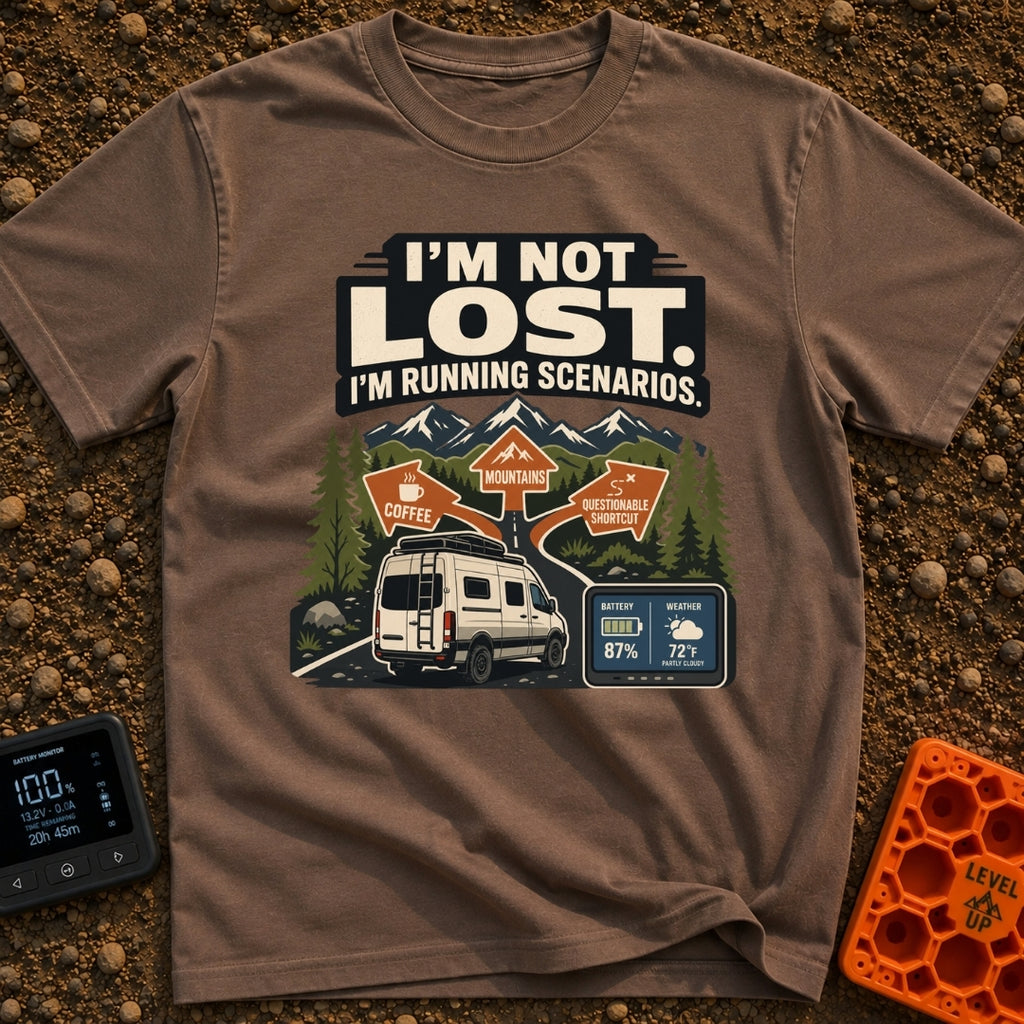 I Am Running Scenarios - T-Shirt in Espresso - A white camper van drives toward three directional signs reading 'Coffee',...
