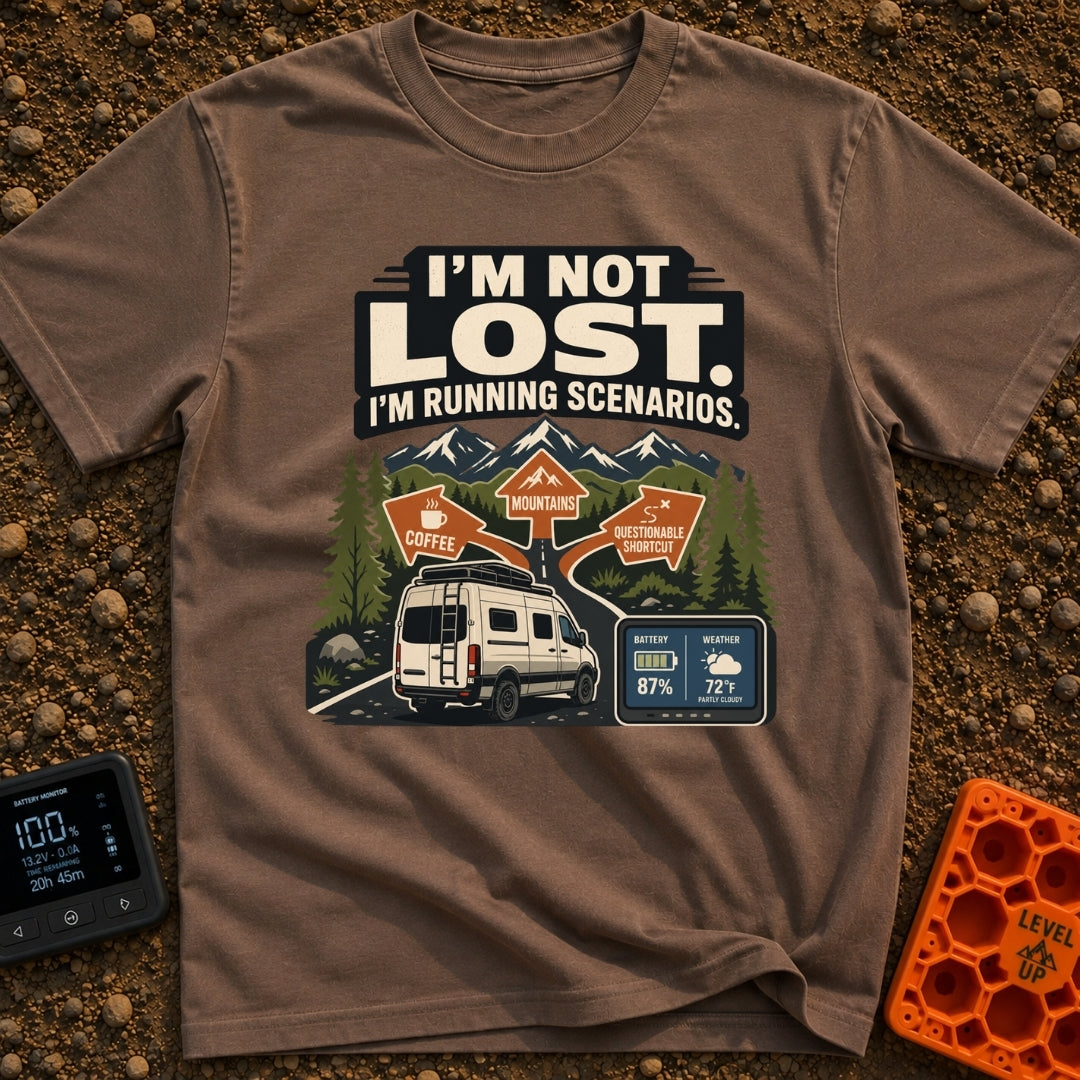 I Am Running Scenarios - T-Shirt in Espresso - A white camper van drives toward three directional signs reading 'Coffee',...
