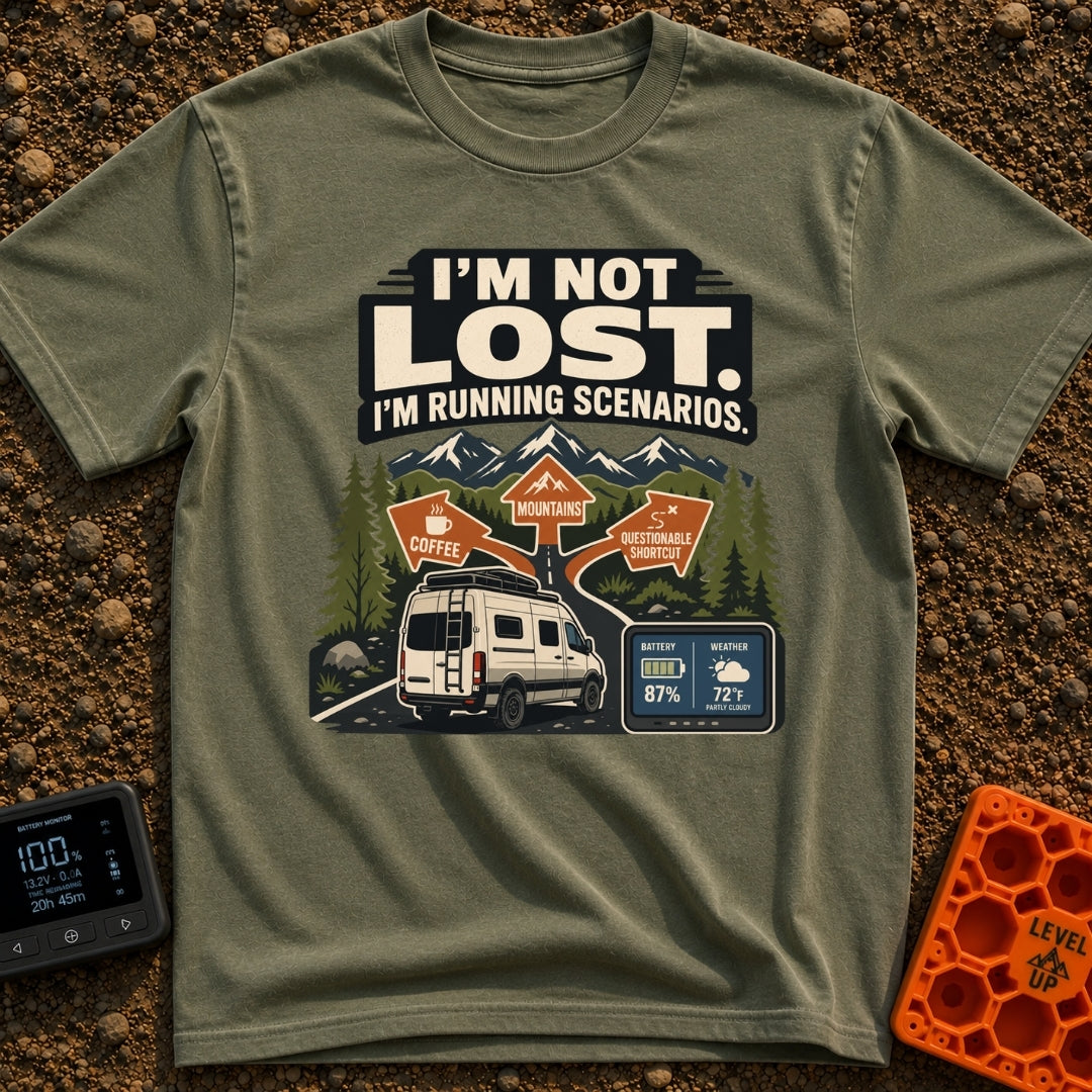 I Am Running Scenarios - T-Shirt in Moss - A white camper van drives toward three directional signs reading 'Coffee',...