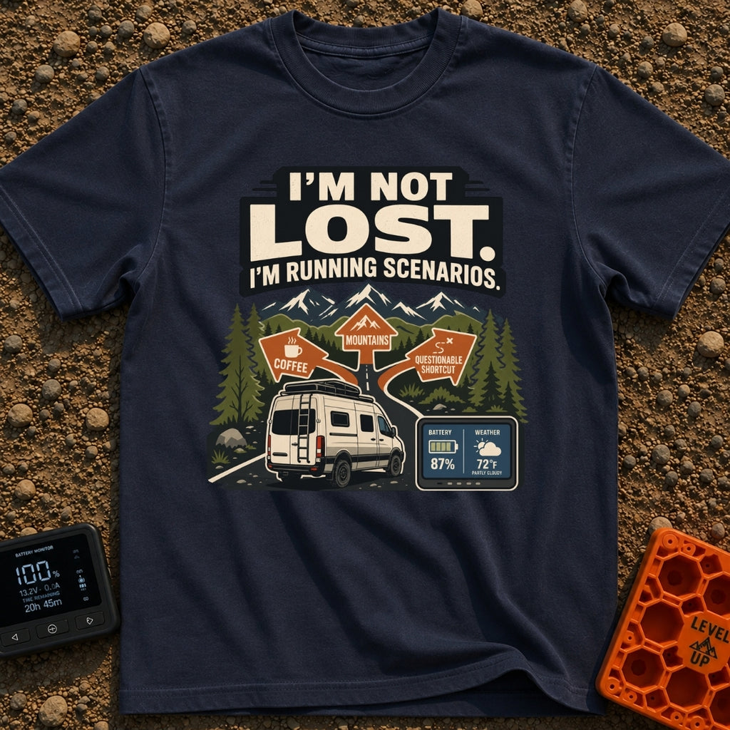 I Am Running Scenarios - T-Shirt in Navy - A white camper van drives toward three directional signs reading 'Coffee',...