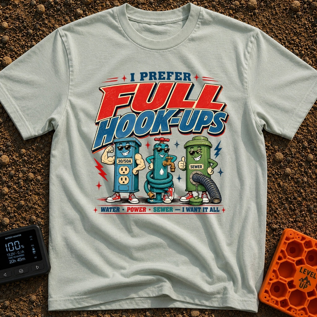 I Prefer Full Hookups - T-Shirt in Bay - A retro-style cartoon illustration featuring the text "I PREFER FULL HOOK-UPS"...