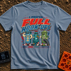 I Prefer Full Hookups - T-Shirt in Blue Jean - A retro-style cartoon illustration featuring the text "I PREFER FULL...