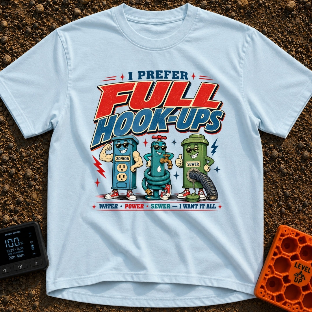 I Prefer Full Hookups - T-Shirt in Chambray - A retro-style cartoon illustration featuring the text "I PREFER FULL...