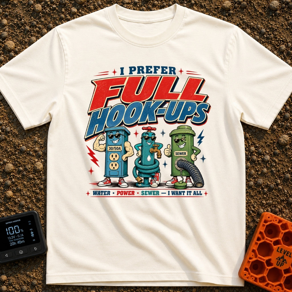 I Prefer Full Hookups - T-Shirt in Ivory - A retro-style cartoon illustration featuring the text "I PREFER FULL HOOK-UPS"...