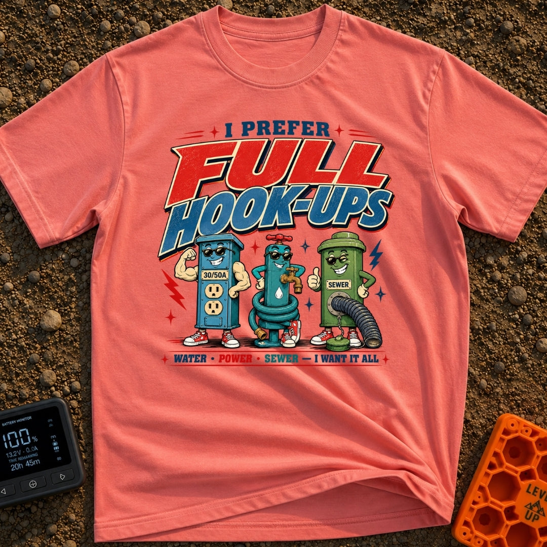 I Prefer Full Hookups - T-Shirt in Watermelon - A retro-style cartoon illustration featuring the text "I PREFER FULL...