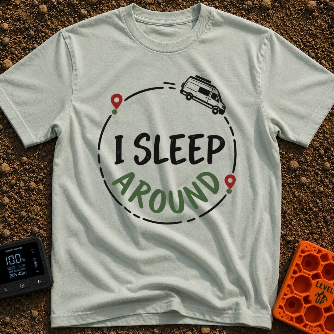 I Sleep Around - T-Shirt in Bay - A white camper van driving along a circular dashed line with two map location pins,...