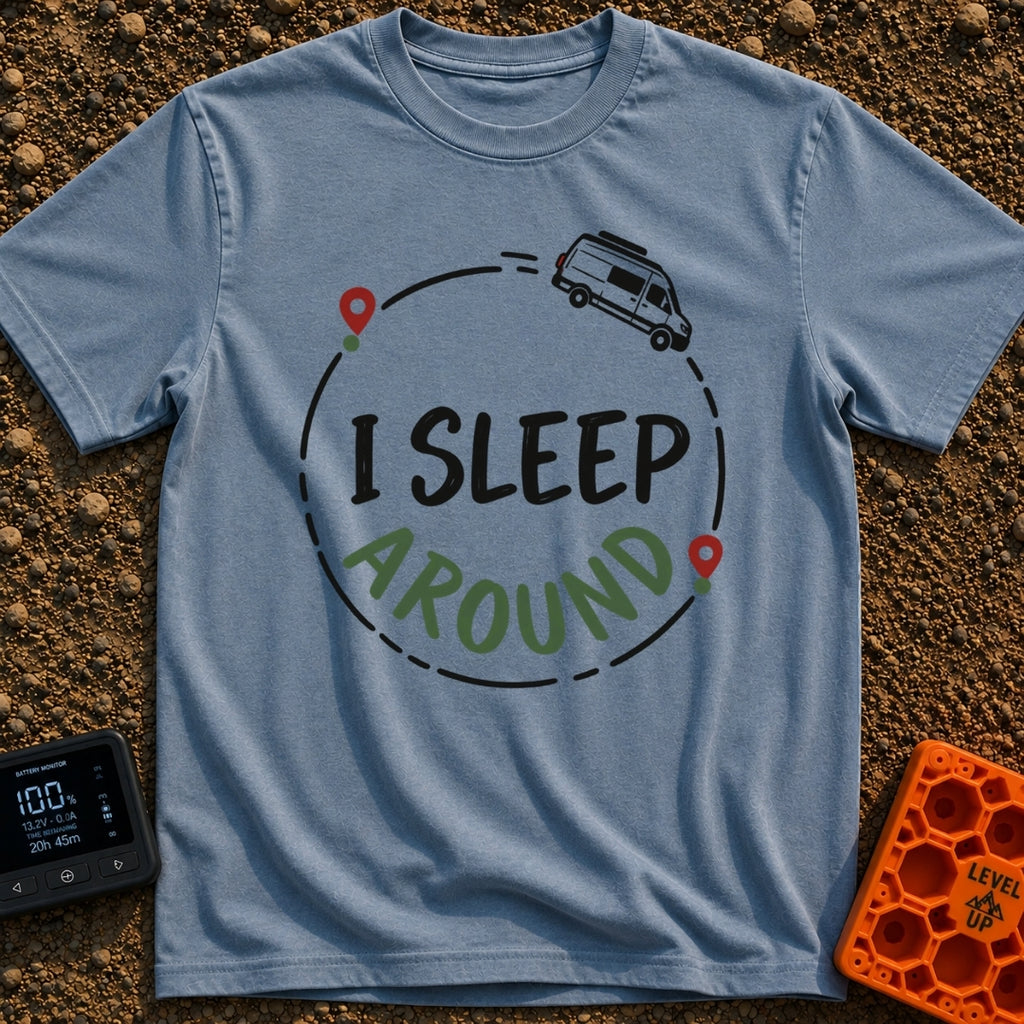 I Sleep Around - T-Shirt in Blue Jean - A white camper van driving along a circular dashed line with two map location...