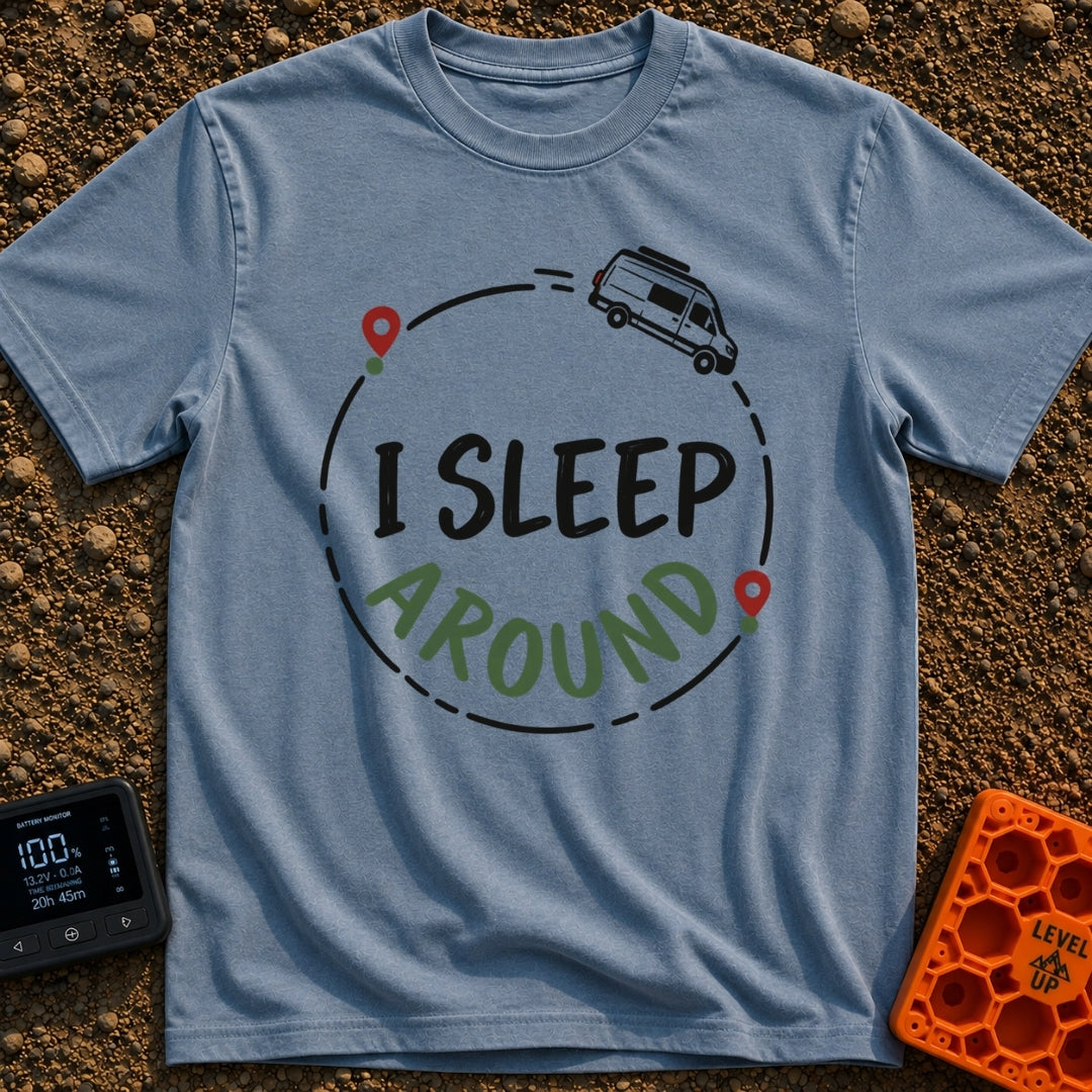 I Sleep Around - T-Shirt in Blue Jean - A white camper van driving along a circular dashed line with two map location...