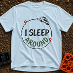 I Sleep Around - T-Shirt in Chambray - A white camper van driving along a circular dashed line with two map location...