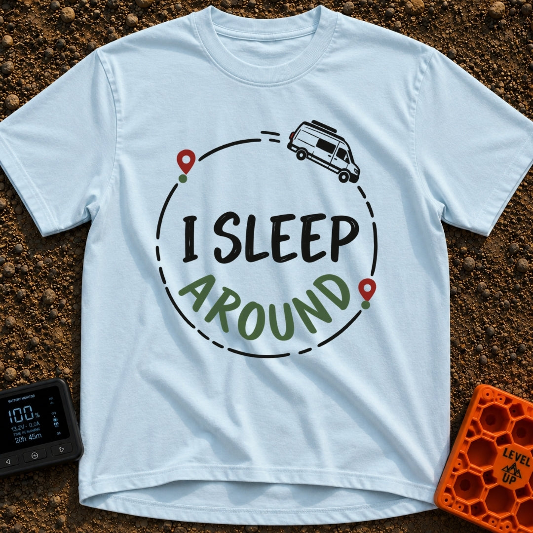 I Sleep Around - T-Shirt in Chambray - A white camper van driving along a circular dashed line with two map location...