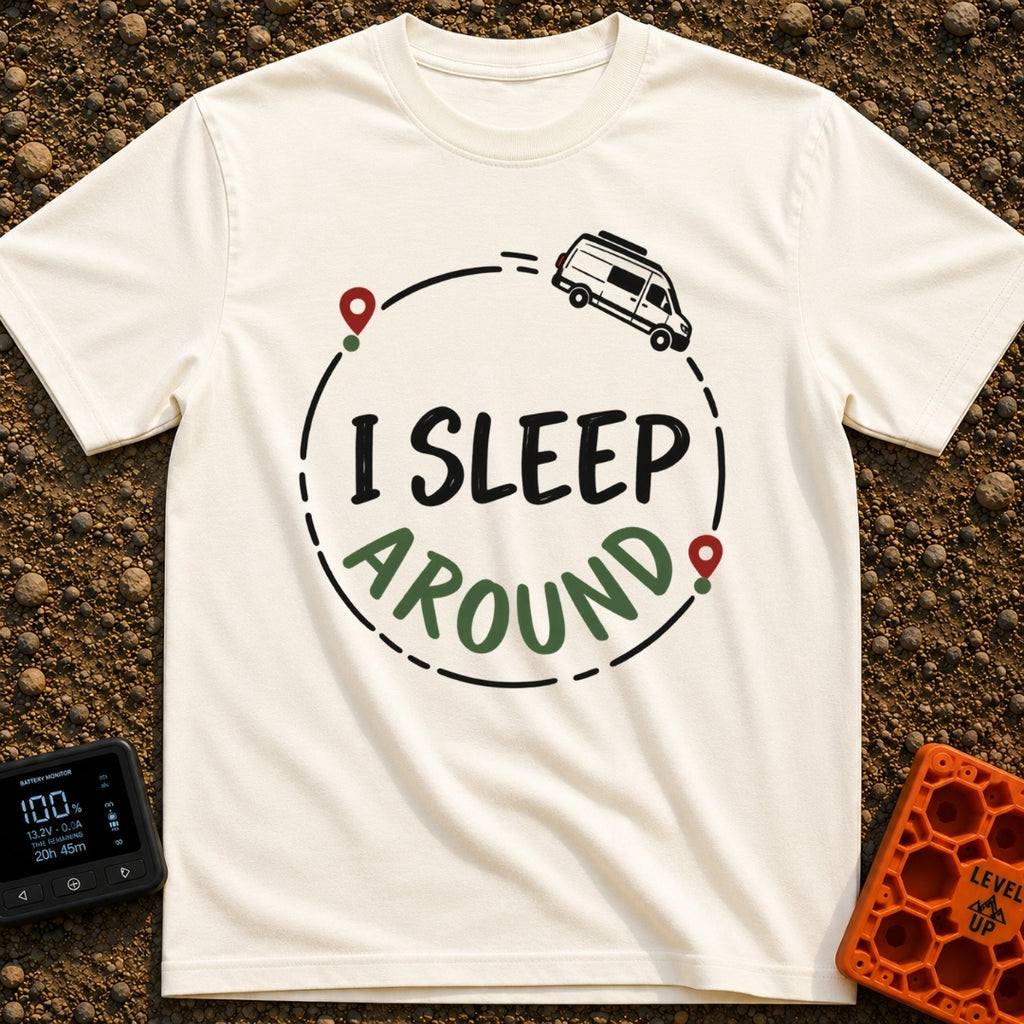 I Sleep Around - T-Shirt in Ivory - A white camper van driving along a circular dashed line with two map location pins,...