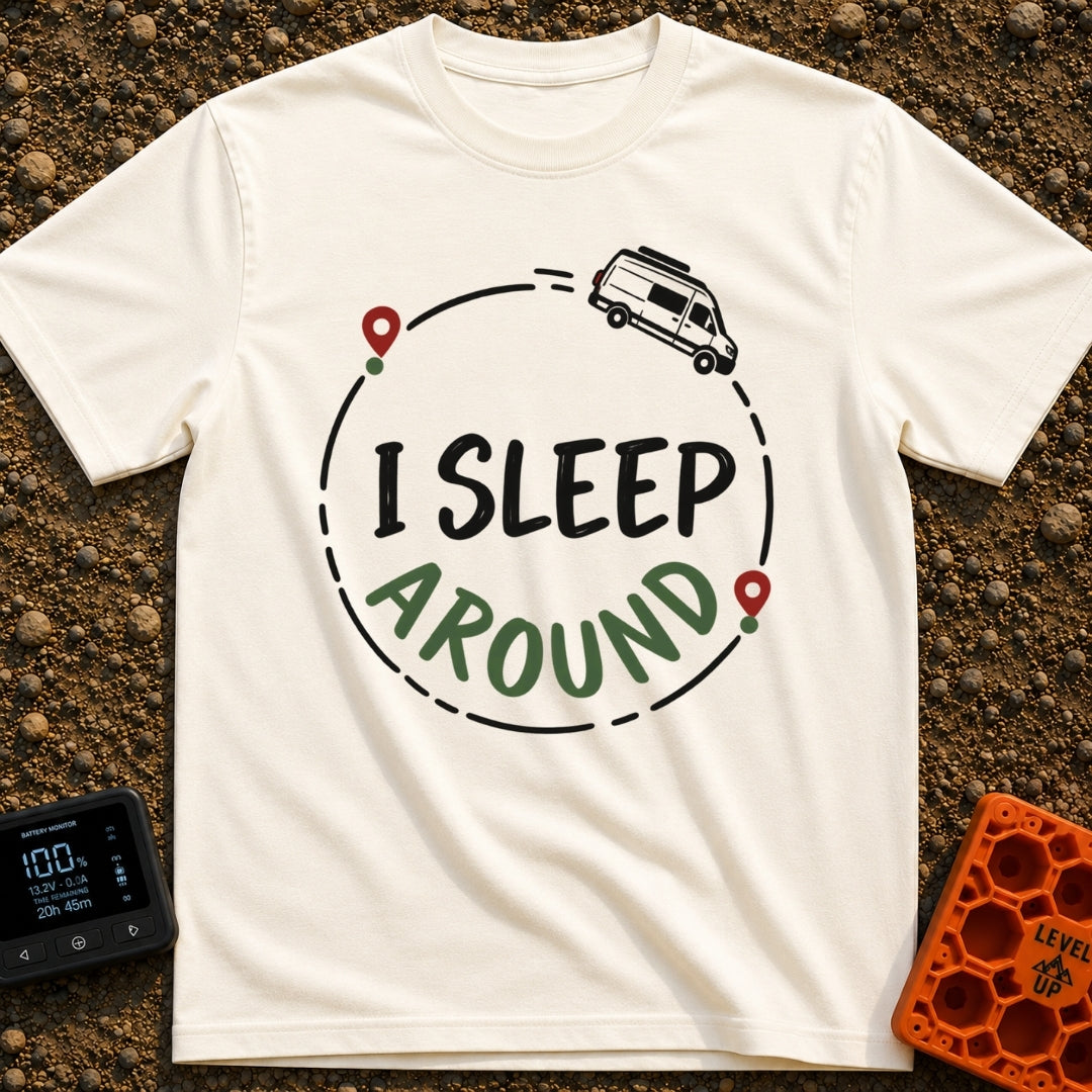 I Sleep Around - T-Shirt in Ivory - A white camper van driving along a circular dashed line with two map location pins,...